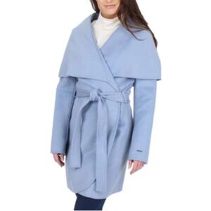 Tahari Marla Powder Blue Handmade Double Face Wool Wrap Coat Size Medium